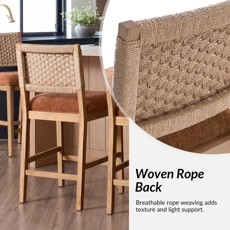 Helianthe Modern Counter Stool with Woven Rope Back（Set of 2）, Caramel