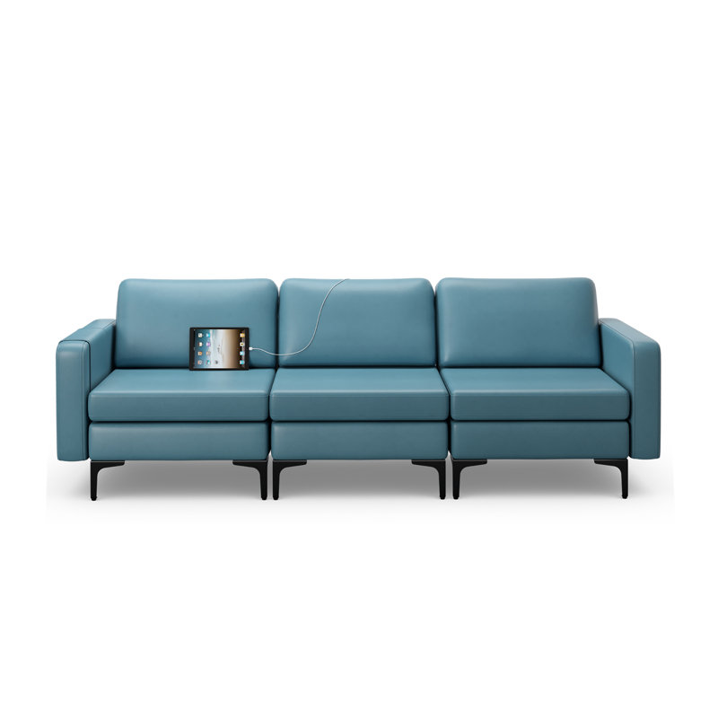 Daleth 94.5'' Faux Leather Sofa, Blue Faux Leather