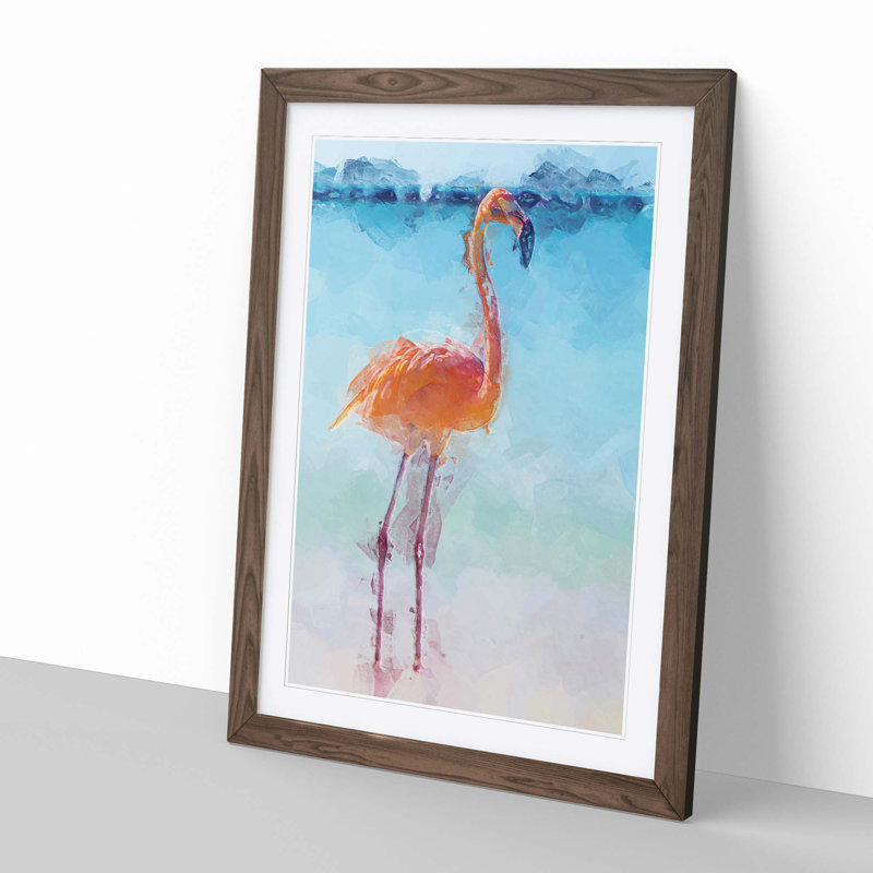 Lone Flamingo in Abstract - Picture Frame Graphic Art Print, 50cm H x 35cm W x 2cm D, Walnut