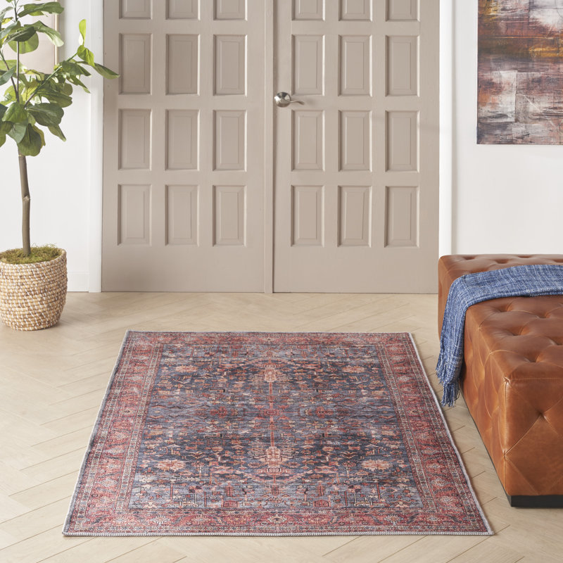 Lotte Oriental Machine Washable Flatweave Area Rug in Navy Blue/Brick Red, Rectangle 4' x 6'