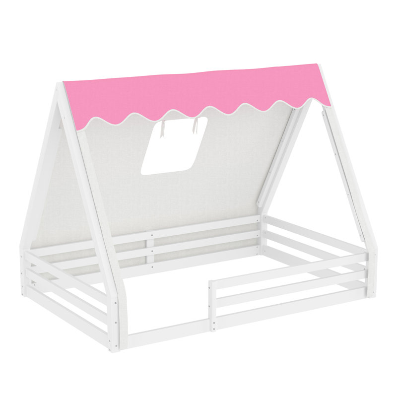 Lit double Montessori avec tente et lumière, Double, Blanc / rose