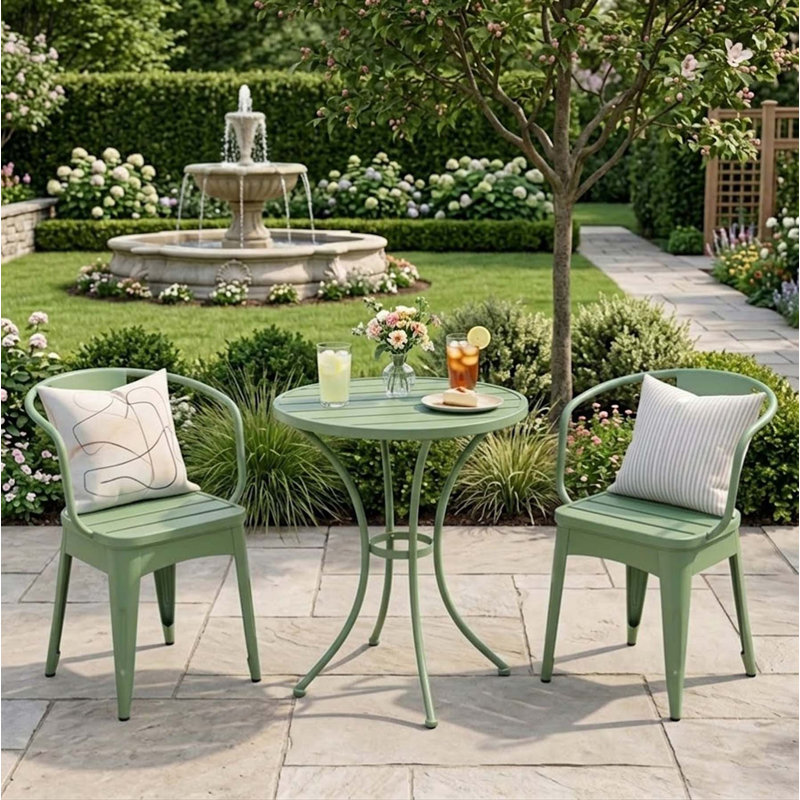 Modern Iron Bistro 3 Piece Bistro Set with Round Table and 2 Armchairs for Patio Balcony Porch Poolside, Green