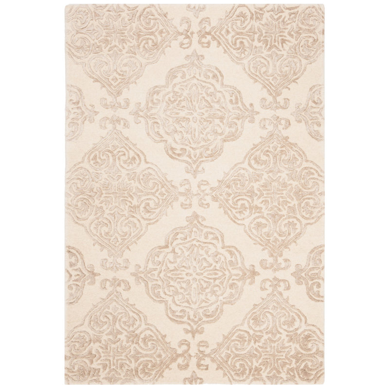 Bernon Hand Tufted Viscose/Wool Damask Rug in Ivory, Rectangle 4' x 6'