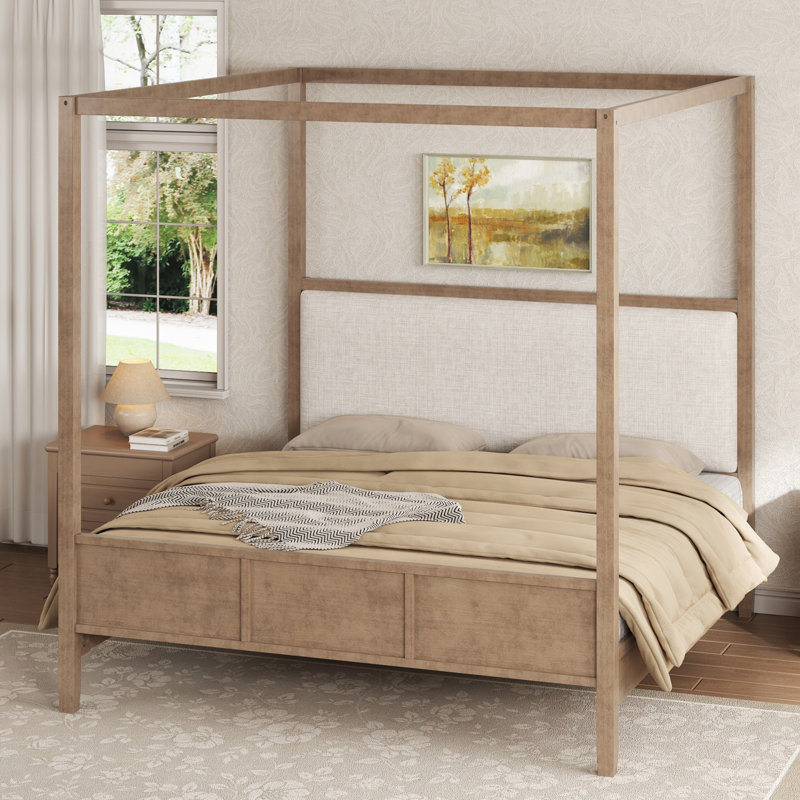 Lit plateforme à baldaquin en bois avec tête de lit tapissier et support à lattes, Grand lit, Natural Walnut