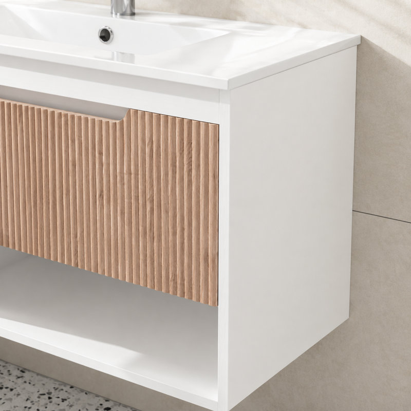 Meuble-lavabo mural de 76 cm (30 po) seulement, armoire moderne en MDF avec tiroir en chêne cannelé et tablette ouverte, blanc/chêne