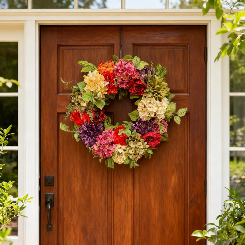 17,7 po Couronne de printemps Hortensia Couronne d'été Couronne faite à la main Couronne de ferme Grapevine Couronne de bienvenue Couronne de fleurs artificielles pour porte d'entrée fenêtre de fenêtre Home Decor