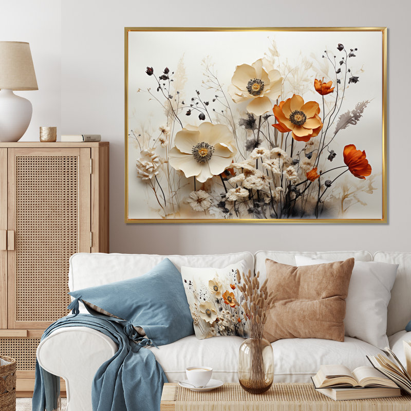 «Macaulee Bohemian Earthly Floral Collage II», art mural abstrait bohème, Reproduction avec cadre flottant, H 34 po x l 44 po