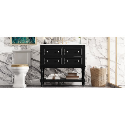 Meuble-lavabo noir avec lavabo et structure en bois massif 36 po. 4 tiroirs. Lavabo sous-comptoir en céramique. Apparence moderne. Noir facile à assembler. Bois, rangement spacieux. Simple