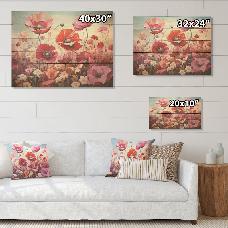 «Pink Crimson Flower Meadow Field I», art mural en bois sur bois de pin naturel, H 24 po x l 32 po