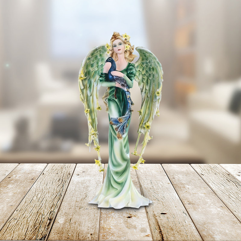 9.25"H Green Angel Fairy with Peacock Figurine