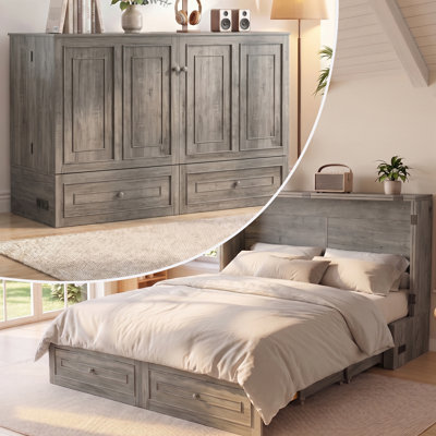 Lit-armoire escamotable convertible avec tiroirs de rangement et station de charge USB, lit double mural pour petits espaces