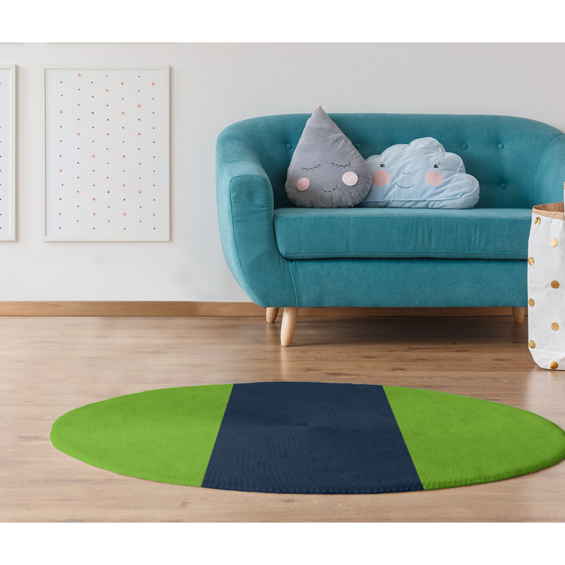 Tapis à rayures vert/bleu/gris, Rond 5 pi
