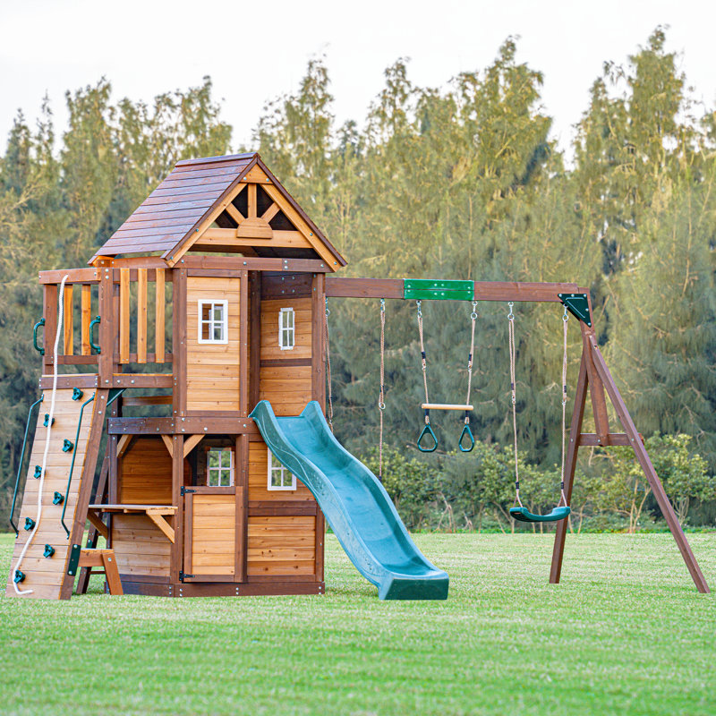 Transform Your Backyard! 10-in-1 Cedar Wood Swing Set With Slide, Climbing Wall, 2 Swings, Play Kitchen & Wooden Roof – Ultimate Outdoor Playset For Kids 3+