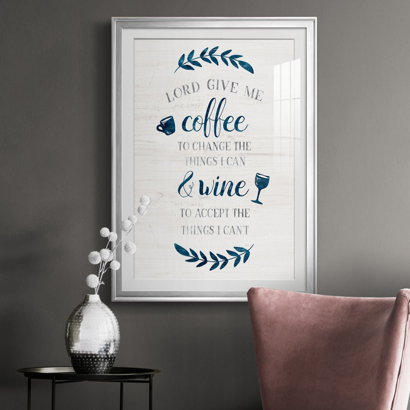 Tableau « Café et vin » encadré en verre, grand format, pour le salon., Argent, H 26,5 po x l 36,5 po x P 1,5 po