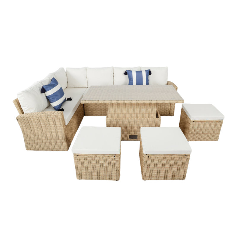 Pelias - Rattan Corner Sofa Set With Rising Table - 8 Seats, White, Natural
