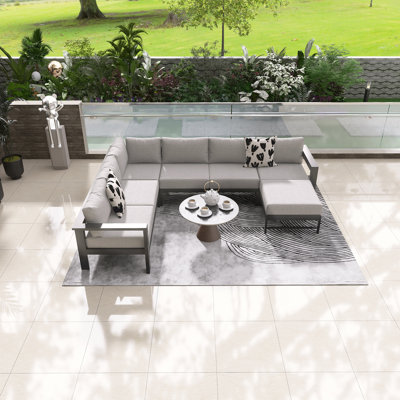 U-Style U-Shaped Outdoor Sectional Sofa Set, 5.9" Ultra-Thick Cushions, All-Weather 5-6 Seater Patio Conversation Set With Heavy-Duty Iron Frame, For Backyard, Garden, Poolside