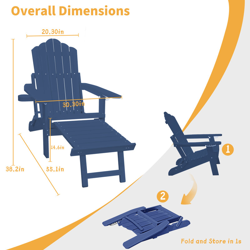 Wister Foldable Outdoor Adirondack Chair With Ottoman, Navy