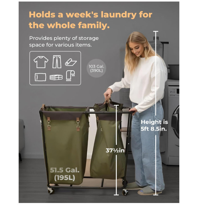 390L Extra Large Laundry Hamper with Wheels, 2 Sections Laundry Basket, Clothes Sorter Cart with Divider for Hotel, Home