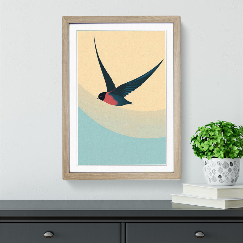 Swallow Minimalism - Single Picture Frame Print on Wood, 64cm H x 46cm W x 2cm D, Oak