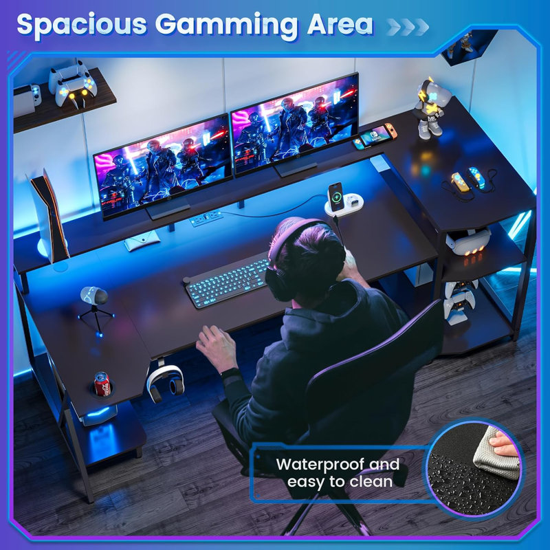 Computer Desk  55'' With Led Lights, Black