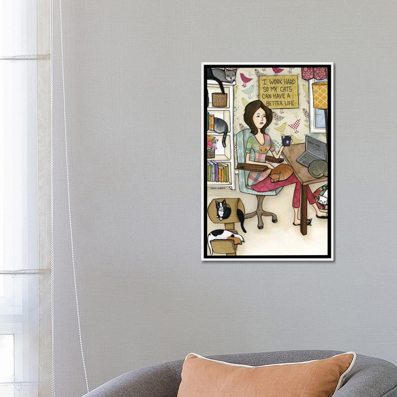 « Cats Better Life » par Jamie Morath-impression, H 26 po x l 18 po x 1,5 po, Toile blanche encadrée, Pas de tapis