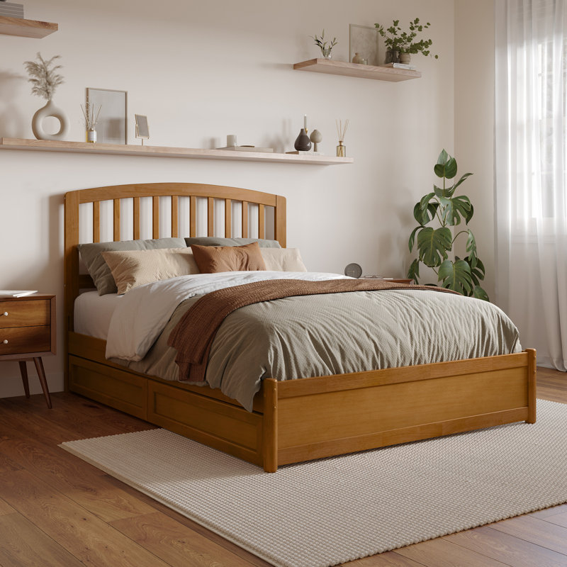 Lamari Solid Wood Storage Platform Bed with Footboard & Under Bed Drawers, Light Toffee, Full