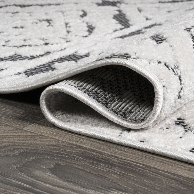 Woen High-Low Pile Mediterranean Tile White/Black Indoor/Outdoor Rug, Runner 2' x 10'