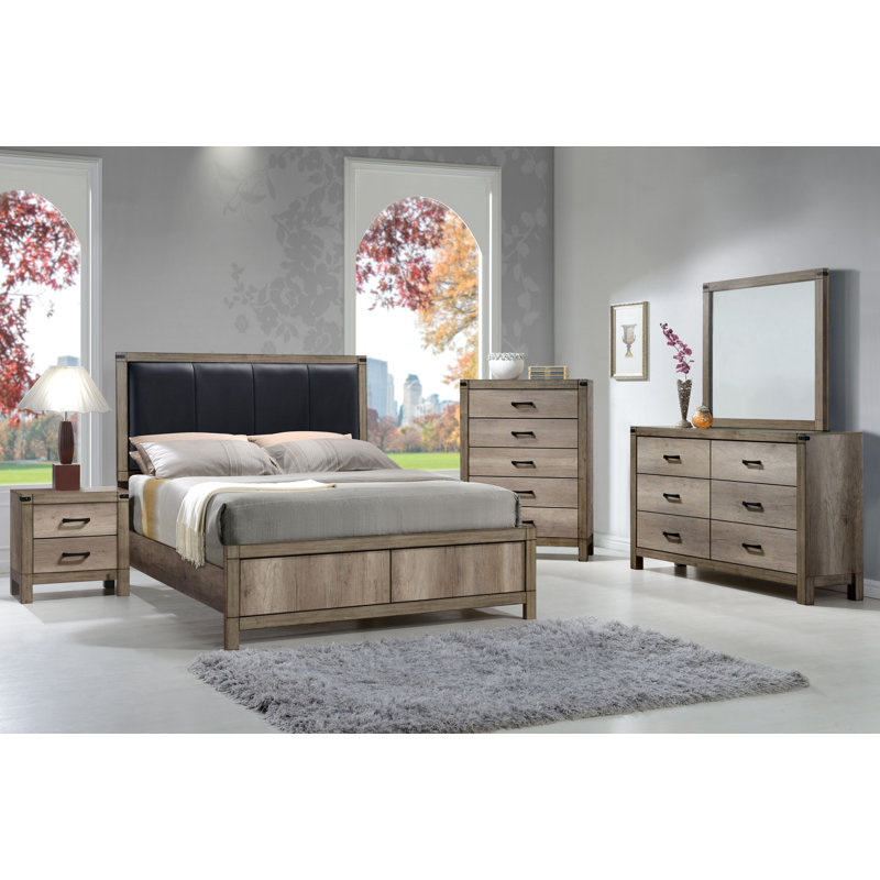 Ensemble de chambre à coucher à panneau en mélamine Josabet, Très grand, Trois pièces : lit, table de chevet et commode