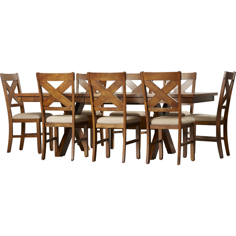 Ensemble de salle à manger en bois à tréteaux et à dossiers croisés Grabel, 9 pièces: 1 table, 8 chaises