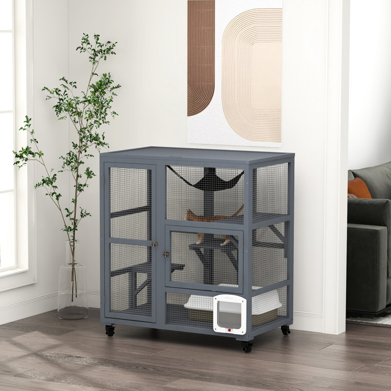 Maison pour chat, enclos intérieur en bois de 39 po, gris, à plusieurs niveaux avec plateformes et porte à rabat pour 2 chats de 12 livres ou moins, regroupés en roues agrégées, poids maximum