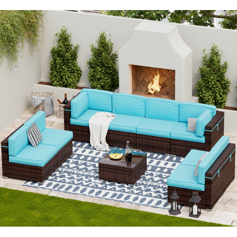 Keolani Wicker 8 - Person Modular Patio Conversation Set with Cushions, Light Blue