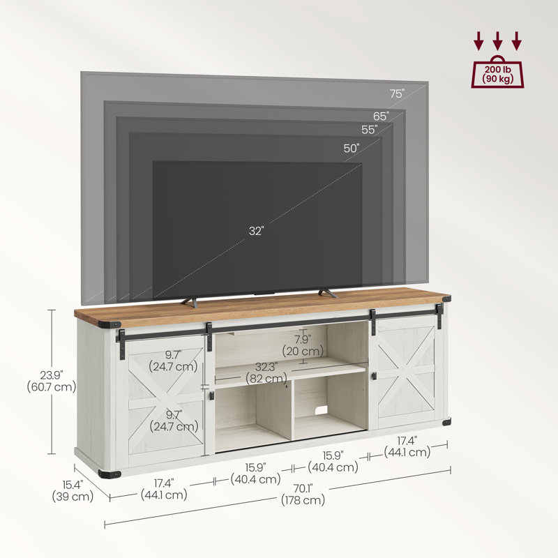 Cesilee TV Stand for TVs up to 75"  with 2 Sliding Barn Doors and Built-In Charging Station, White/Brown
