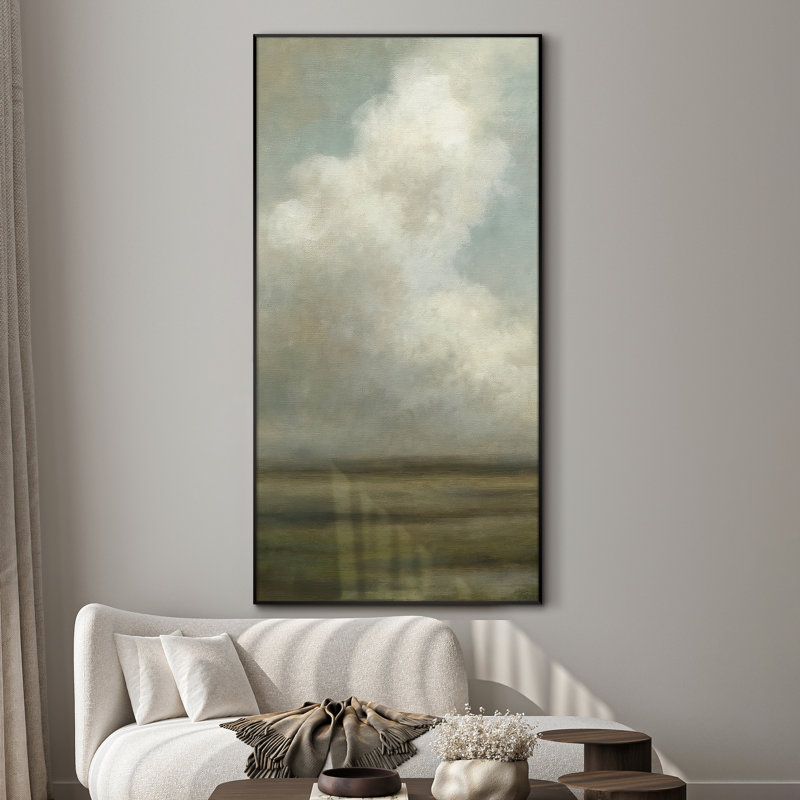 Extra Large Serene Cloudy Sky Landscape Wall Art Print - Neutral Soft Tone Artwork Vintage Decor for Living Room or Bedroom, Frame Assembly Required (Frame Assembly Required)