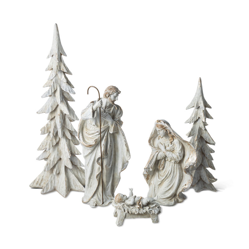 Ensemble de crèche de Noël en résine 5 pièces avec arbres de Noël, White