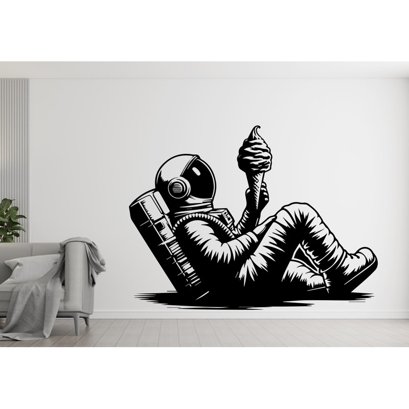 Décalcomanie murale astronaute mangeant un bateau de crème glacée, décalcomanie murale, nom personnalisé, autocollant pour chambre de bébé 717RS