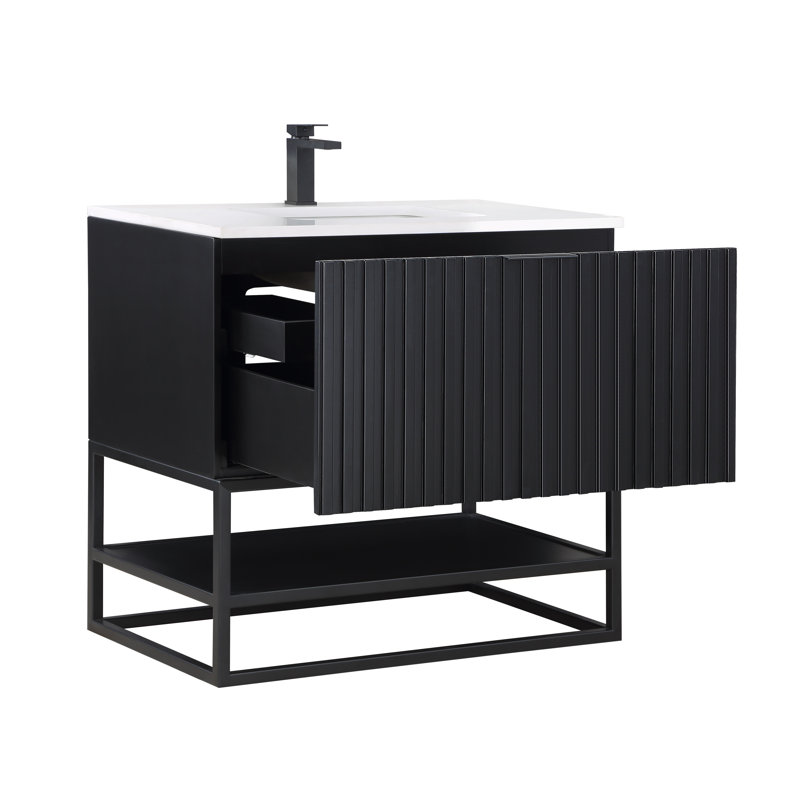 Terra 36'' W Single Vanity, Calacatta Quartz/Widespread Faucet Mount, Midnight Black, Matte Black