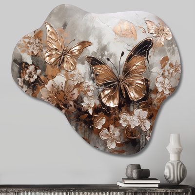 «Rose Gold Butterfly Wings And Flowers I», art mural floral asymétrique en métal, sculpture murale en métal nuage