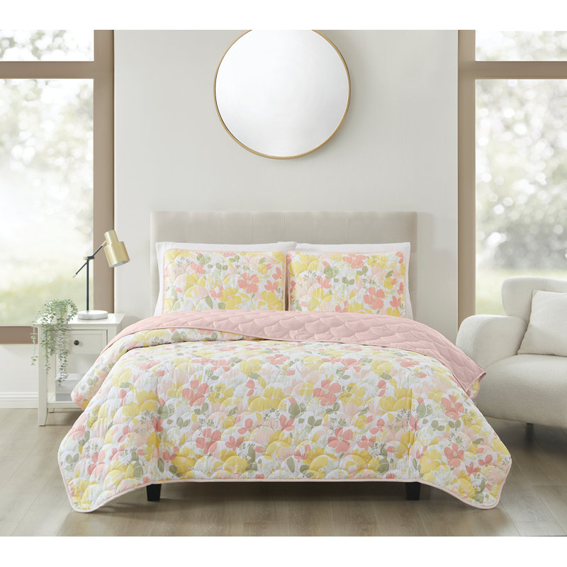 White Floral Twin Microfiber Quilt Set with Sham