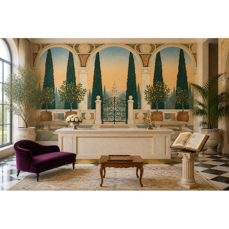 Panneau mural méditerranéen avec terrasse arquée, 120 po x 96 po, Texturé non collé