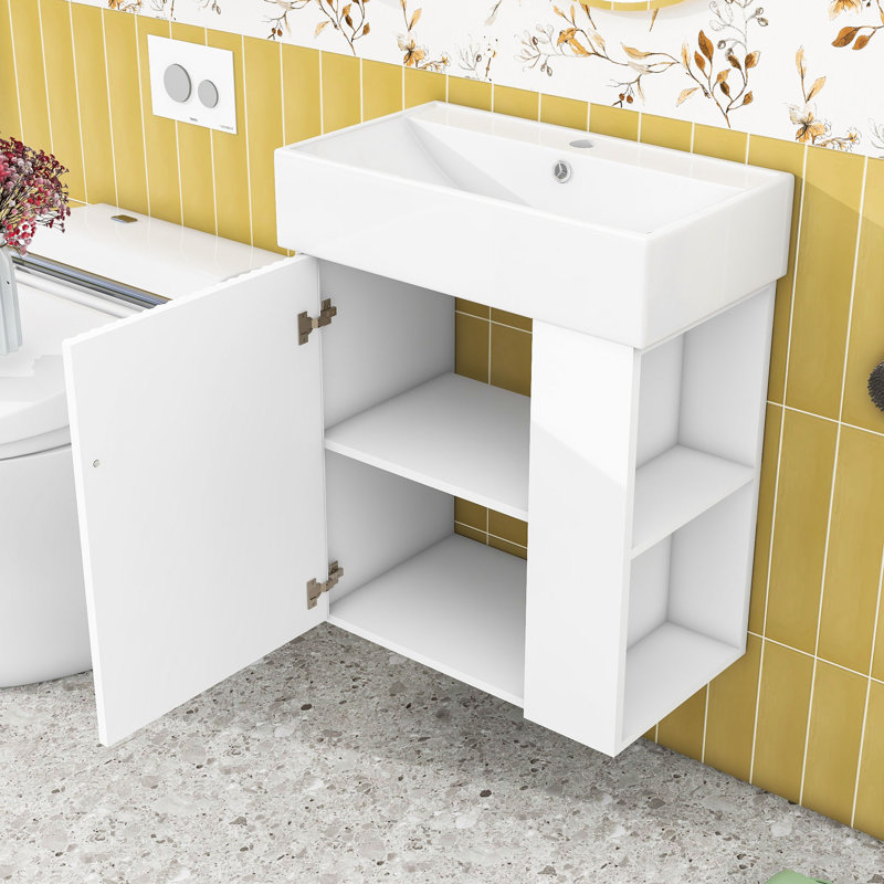Meuble-lavabo flottant chic avec lavabo en céramique et rangement à droite, Blanc