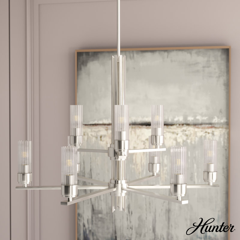 Lustre classique / traditionnel à 2 niveaux 9 lumières Gatz, Nickel brossé