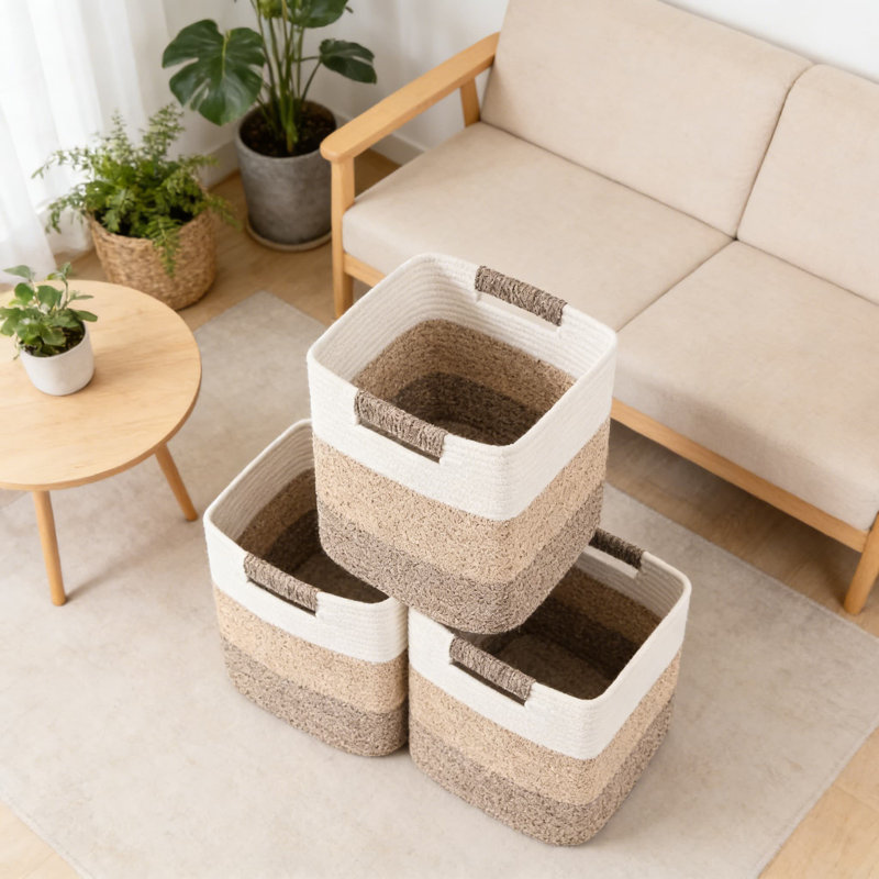 Cotton Rope Woven Storage Baskets, 3 Pack Cube Organizer Bins For Shelves, Closet, Bathroom, Nursery, And Home Organization, Breathable And Foldable