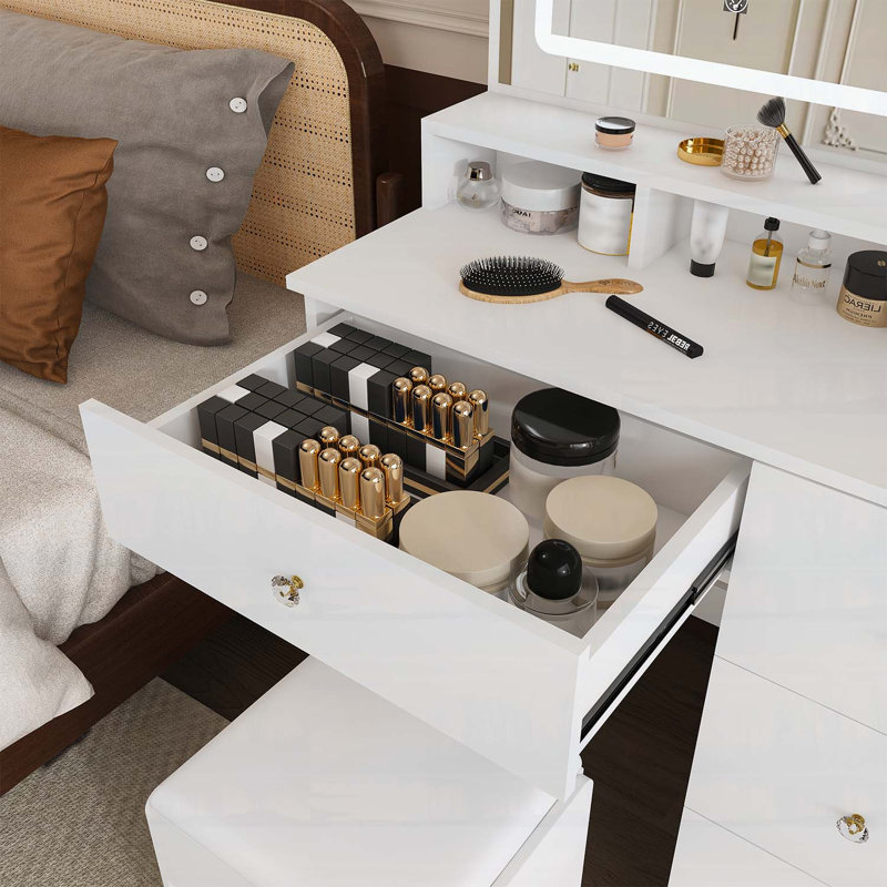 Bureau de coiffeuse avec miroir et éclairage tricolore Fashion, rangement ouvert, 5 tiroirs, support pour sèche-cheveux, prise de courant et tabouret, blanc