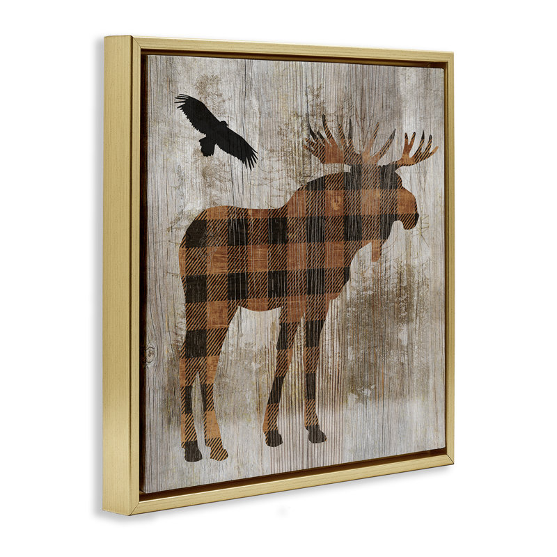 Orignal à carreaux et aigle, Cadre flottant métallique doré, 18" H x 18" W