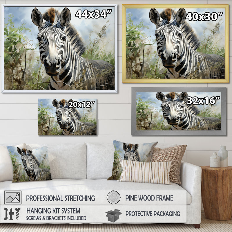 Zebra Stripes In Jungle, reproduction d'art sur toile, Noir, H 30 po x l 40 po x P 1,5 po