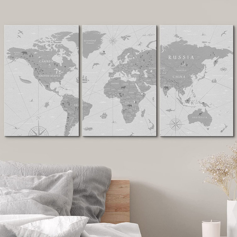 World Map " World Map Global " 3 - Pieces on Canvas