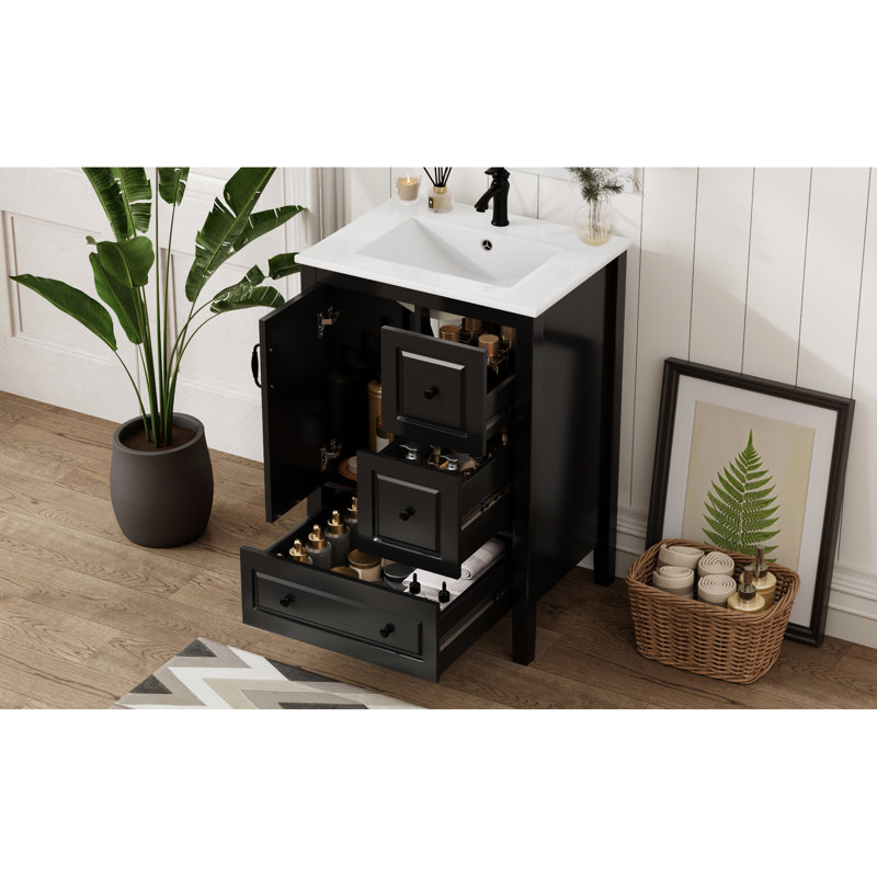 Meuble-lavabo de 24 po d'inspiration rétro noire avec lavabo en céramique pré-percé, solutions de rangement à fermeture en douceur et poignées en métal rétro style autoportant pour lavabo nécessitant peu d'entretien