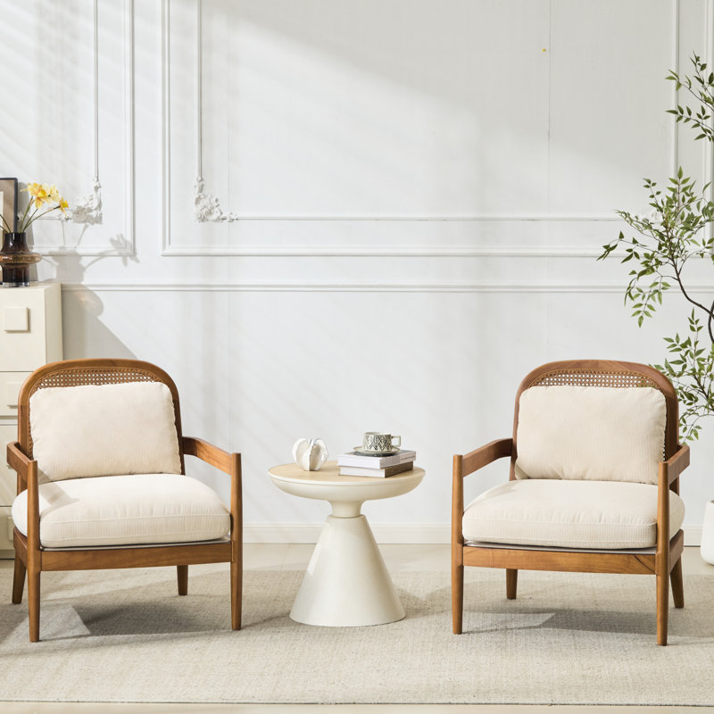 Chaises d'appoint de 26,6 po de style Mid-Century, bois de noyer et revêtement rayé pour le style détente de la chambre à coucher, coin lecture beige