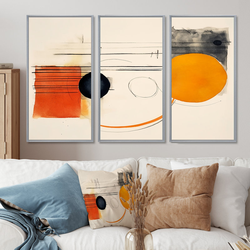 Lune orange abstraite, minimalisme rétro - ensemble d'art mural abstrait, Encadrement argenté, H 40 po x l 60 po x P 1 po