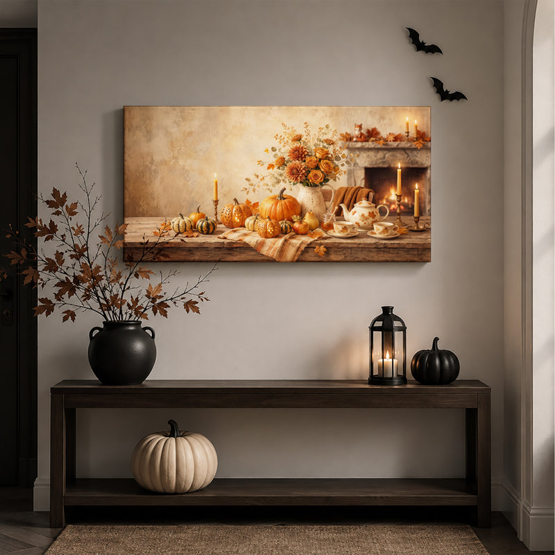 Art sur toile, citrouilles orange et arrangement floral près d'Halloween, 46"W x 24"H